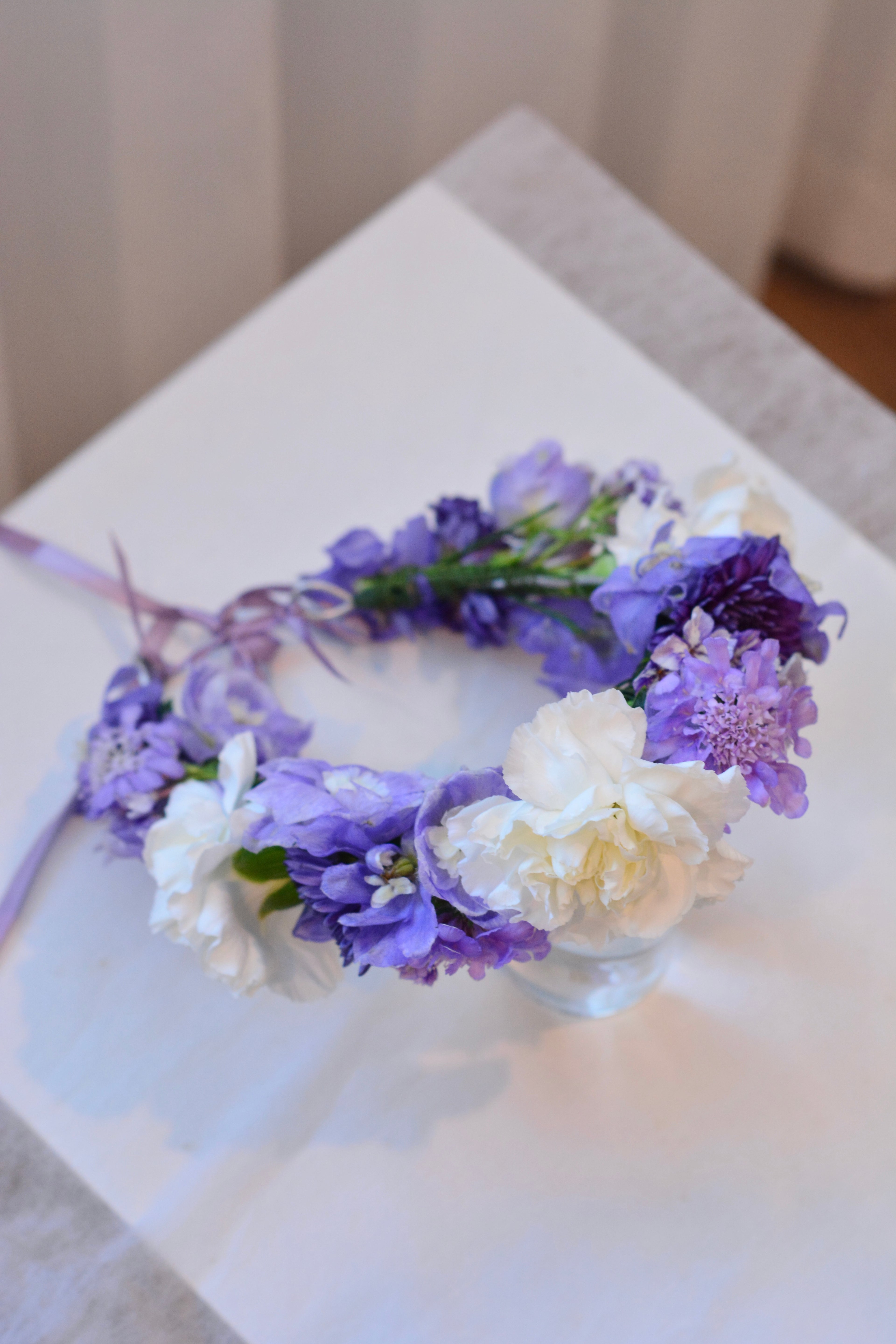 Fresh Flower Crown with airy purple and white flowers for weddings and special events. Bay area florist