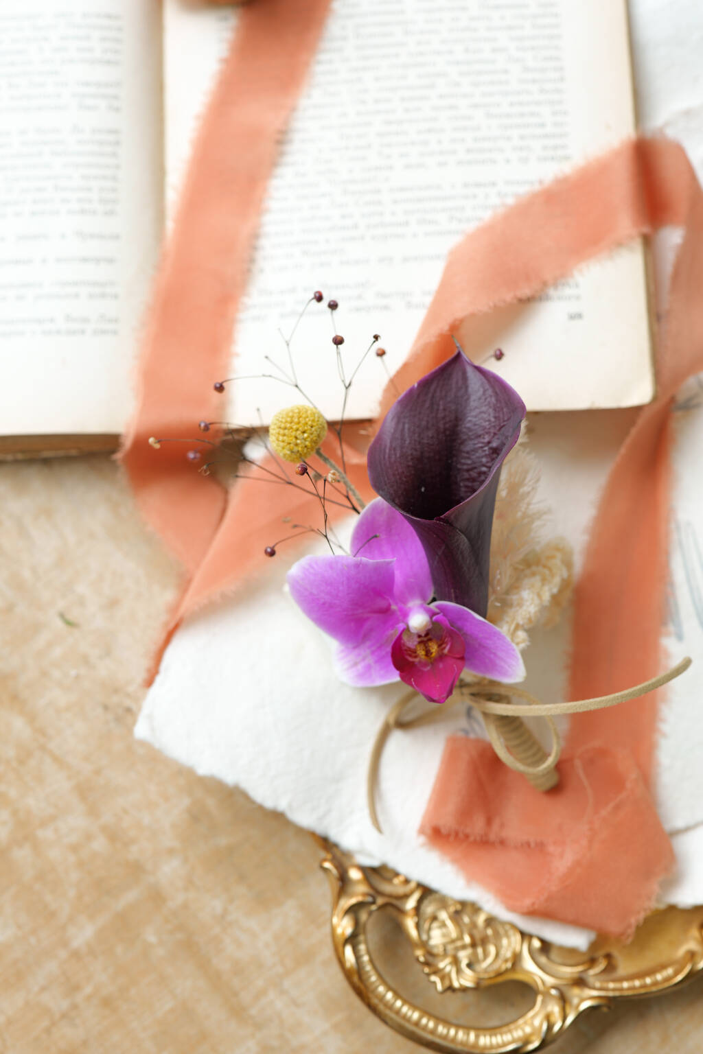 Purple orchid and calla lily wedding boutonniere Custom Orchid Wedding Boutonniere by Florea Florals