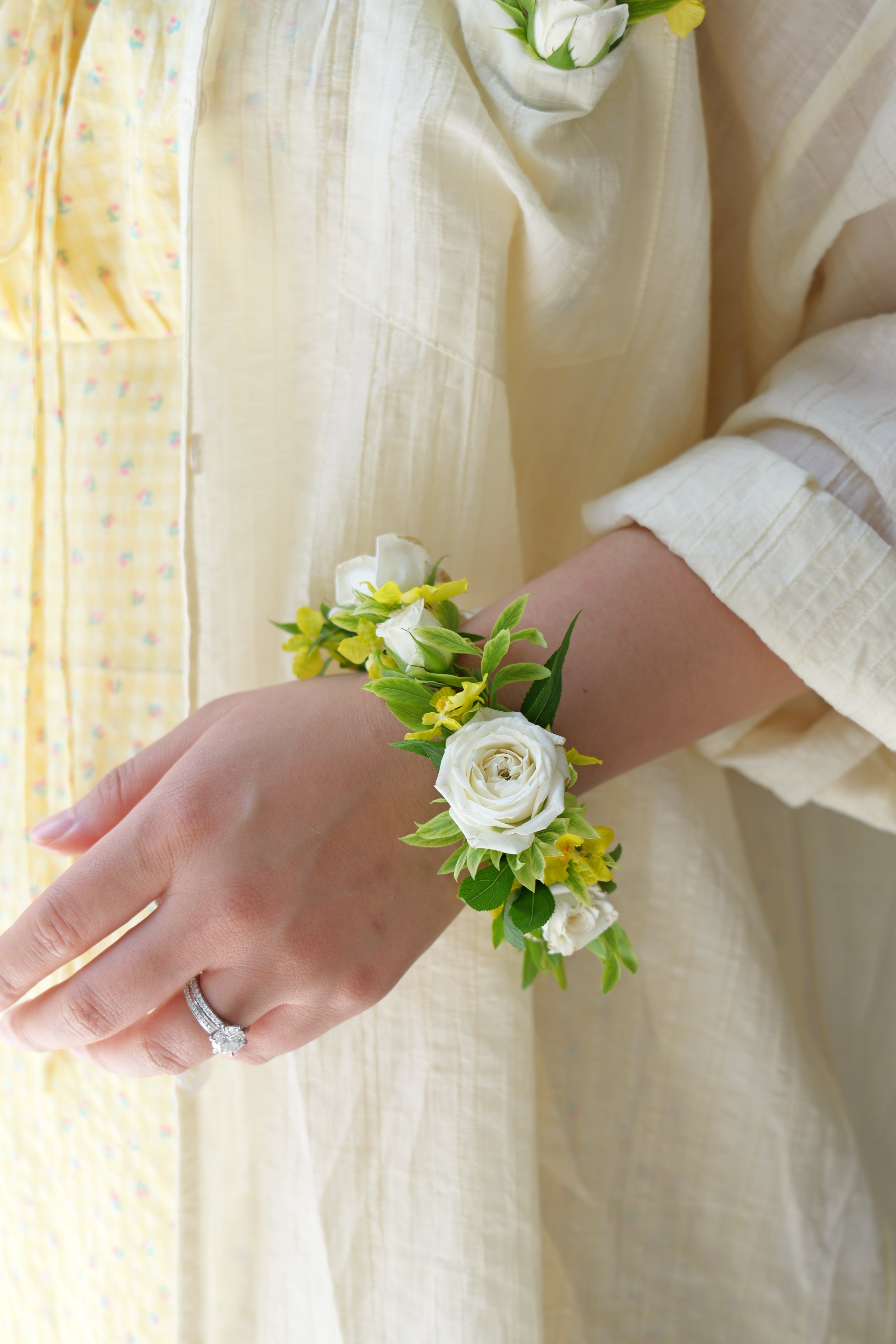 White and Yellow Wedding Wrist Corsage | Bay Area Florist