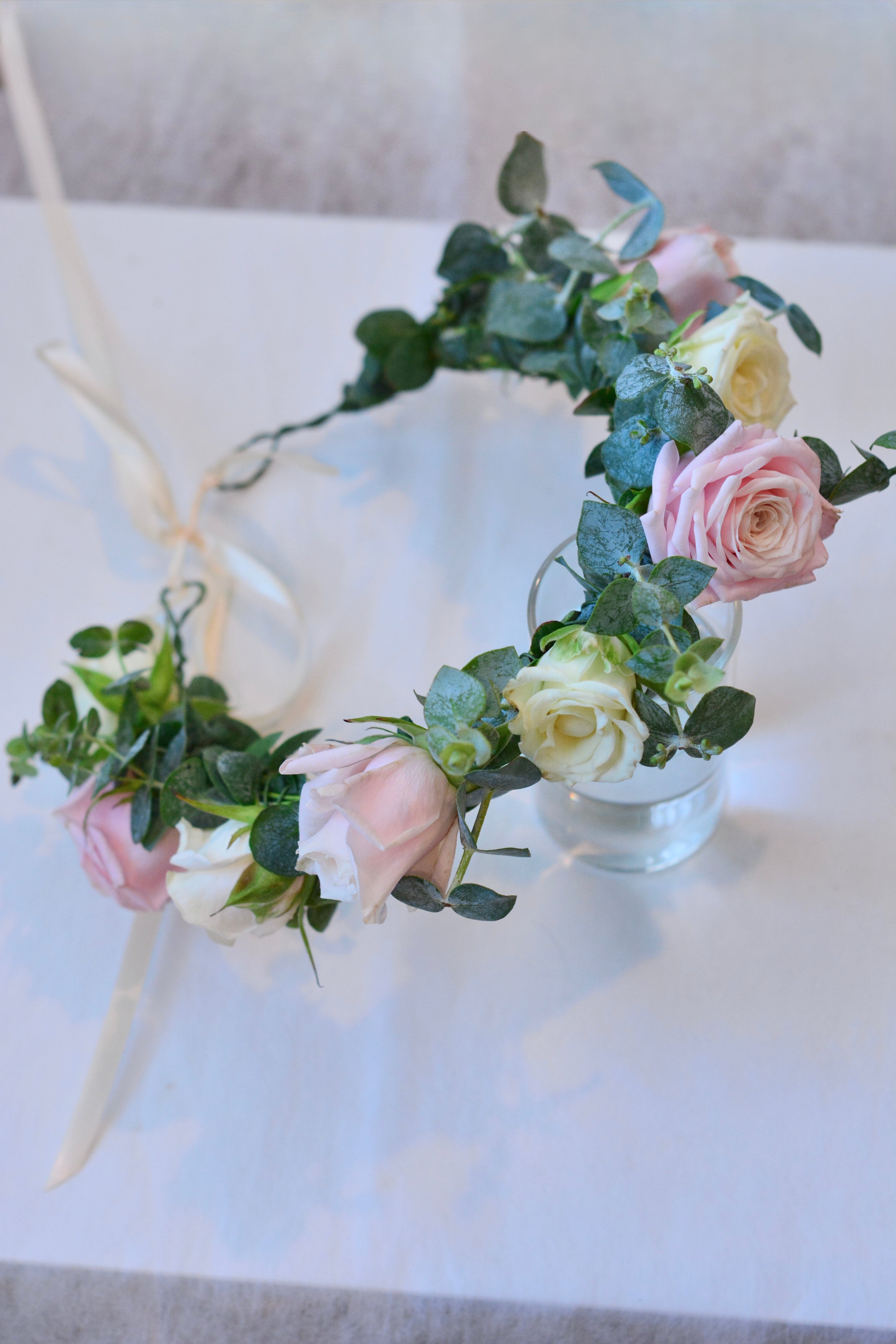 Garden Style Fresh Flower Crown with Pink and white spray roses and greenery for weddings and special events. Bay Area Florist