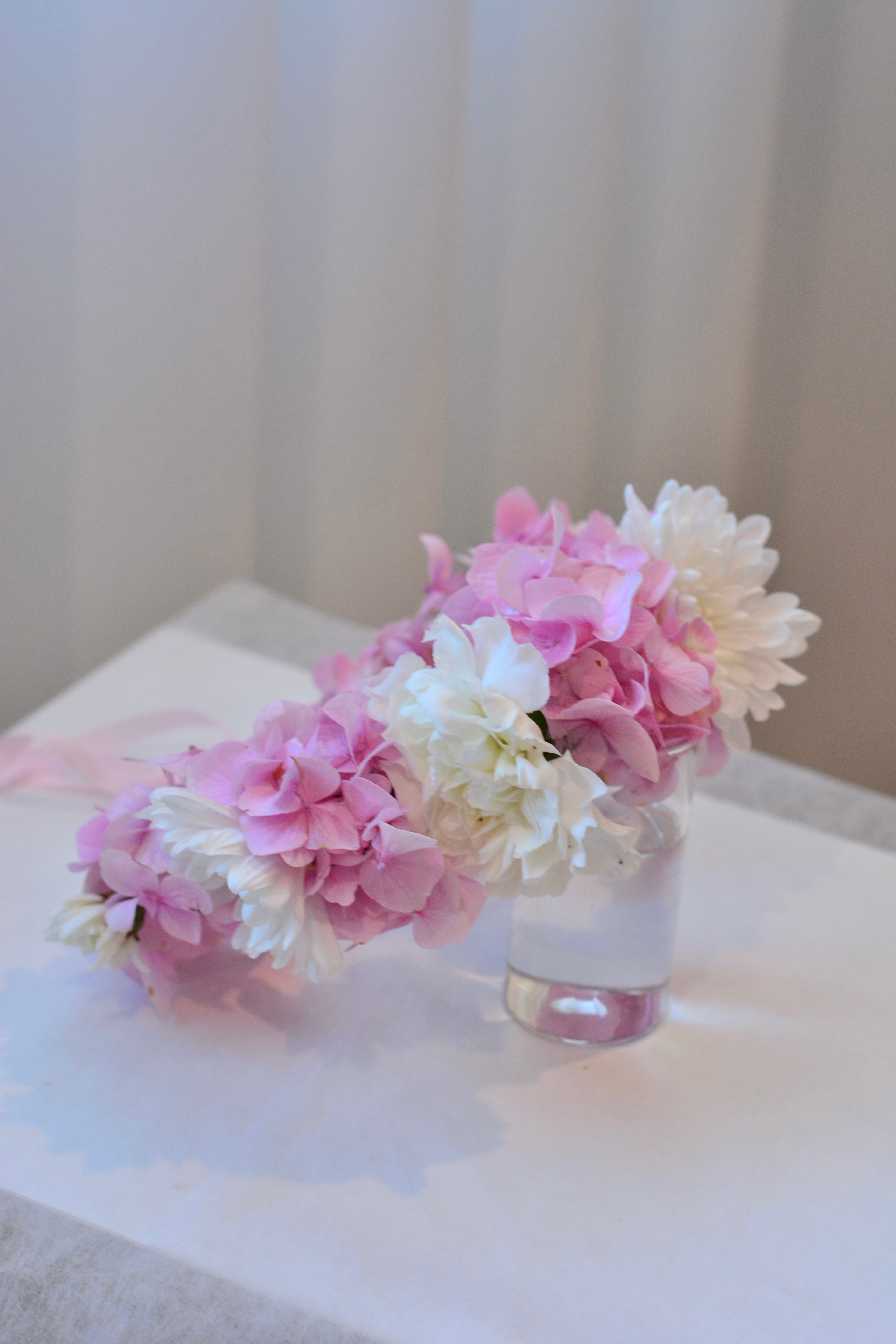 Fancy Style Fresh Flower Crown with pink Hydrangea and white blooms for weddings and special events. Bay area florist.